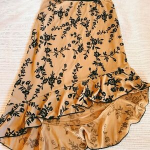 jonathan martin Beige Midi Skirt with Black Floral Ruffle Hem and Beaded Accents